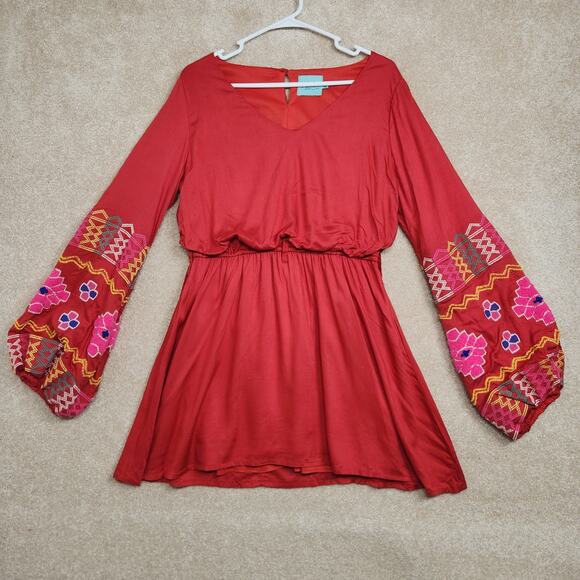 Judith March Dresses & Skirts - Judith March Red Floral V-Neck Long Sleeve Gypsy Embroidered Mini Dress Medium